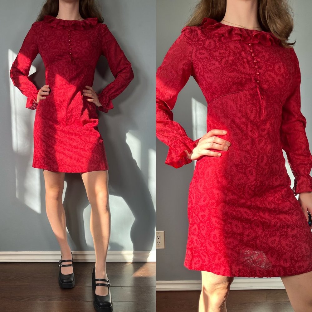 Vintage 60s Red Mini Dress, 1960s Long Sleeve Mod Paisley Short Summer Dress